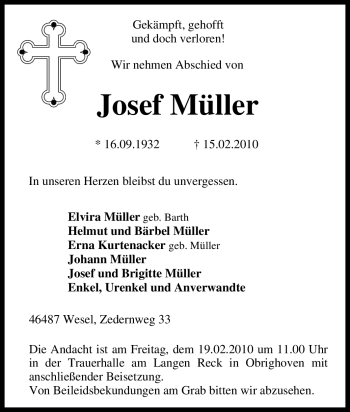 Traueranzeige von Josef Müller von Tageszeitung