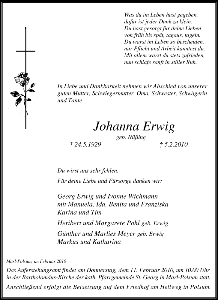  Traueranzeige für Johanna Erwig vom 09.02.2010 aus Tageszeitung