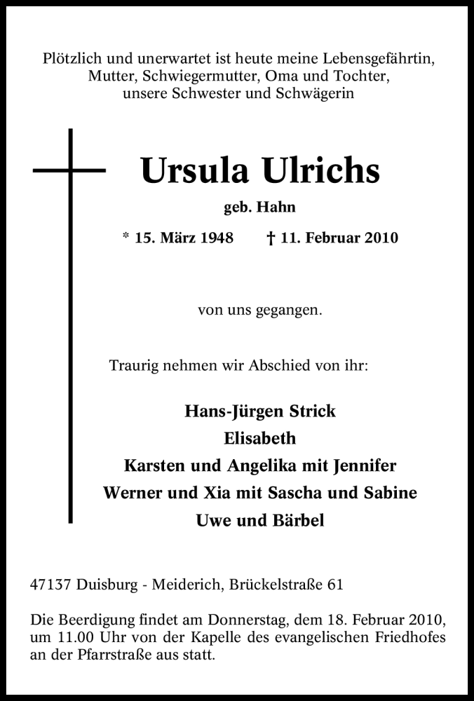  Traueranzeige für Ursula Ulrichs vom 16.02.2010 aus Tageszeitung