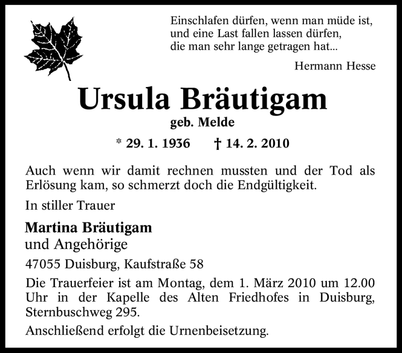  Traueranzeige für Ursula Bräutigam vom 20.02.2010 aus Tageszeitung