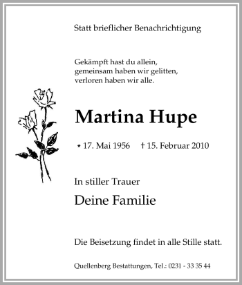 Traueranzeige von Martina Hupe von Tageszeitung