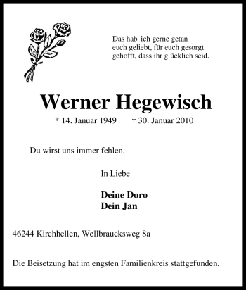 Traueranzeige von Werner Hegewisch von Tageszeitung