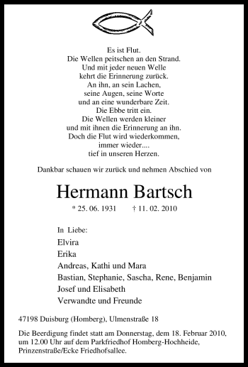 Traueranzeige von Hermann Bartsch von Tageszeitung