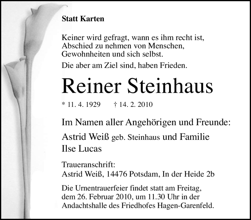  Traueranzeige für Reiner Steinhaus vom 20.02.2010 aus Tageszeitung