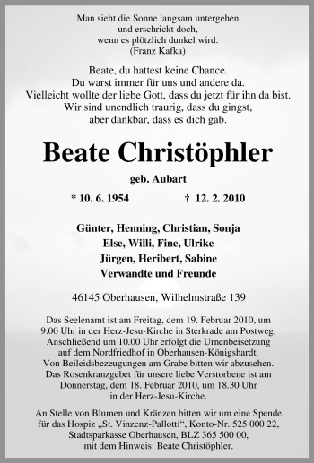Traueranzeige von Beate Christöphler von Tageszeitung