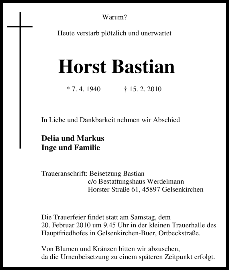  Traueranzeige für Horst Bastian vom 17.02.2010 aus Tageszeitung
