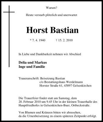 Traueranzeige von Horst Bastian von Tageszeitung
