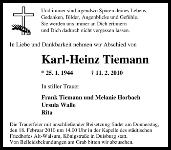 Traueranzeige von Karl-Heinz Tiemann von Tageszeitung