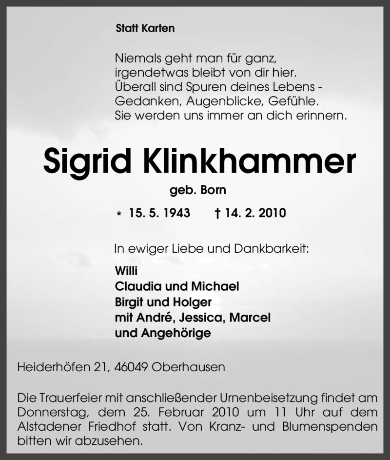  Traueranzeige für Sigrid Klinkhammer vom 22.02.2010 aus Tageszeitung