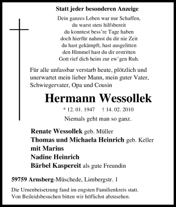 Traueranzeige von Hermann Wessollek von Tageszeitung