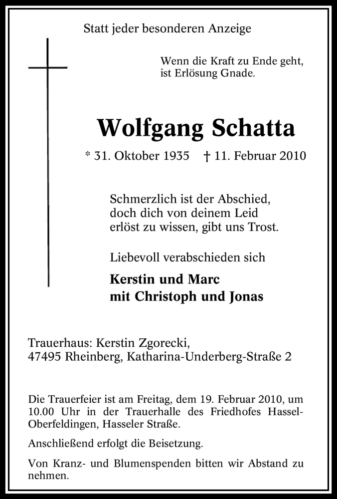  Traueranzeige für Wolfgang Schatta vom 16.02.2010 aus Tageszeitung