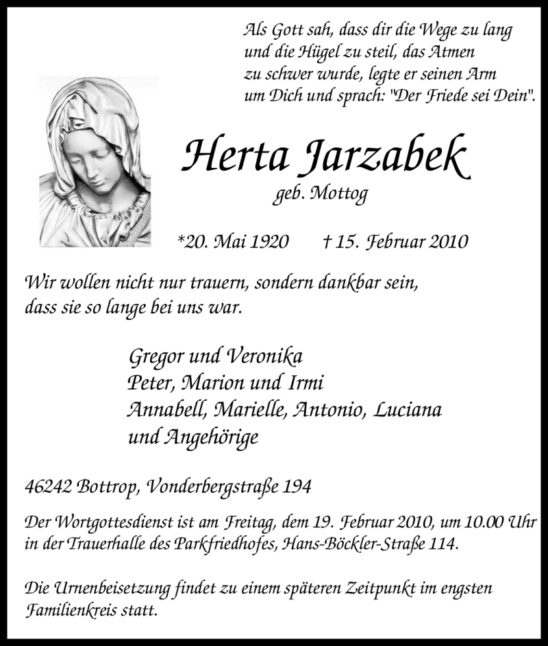  Traueranzeige für Herta Jarzabek vom 17.02.2010 aus Tageszeitung