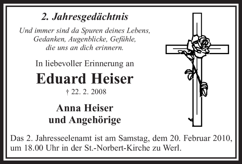  Traueranzeige für Eduard Heiser vom 13.02.2010 aus Tageszeitung