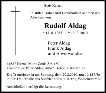 Traueranzeige von Rudolf Aldag von Tageszeitung