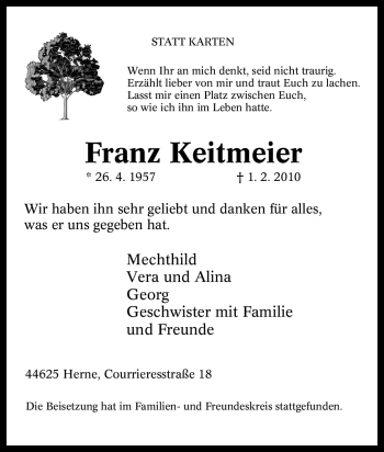 Traueranzeige von Franz Keitmeier von Tageszeitung