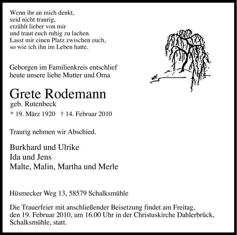  Traueranzeige für Grete Rodemann vom 16.02.2010 aus Tageszeitung