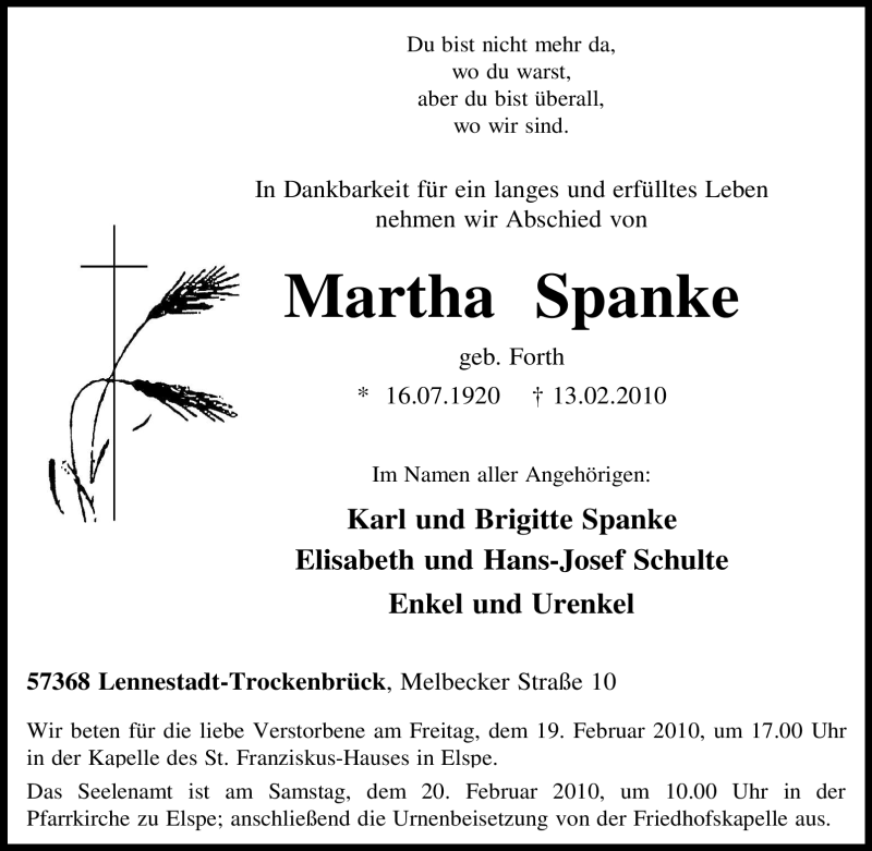  Traueranzeige für Martha Spanke vom 16.02.2010 aus Tageszeitung