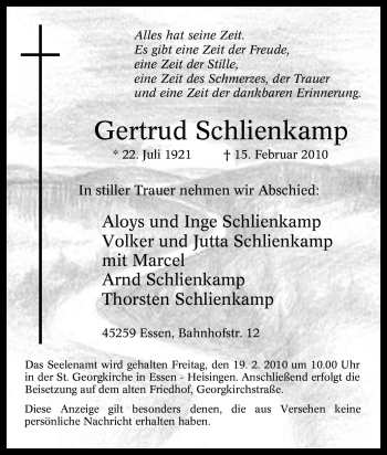 Traueranzeige von Gertrud Schlienkamp von Tageszeitung
