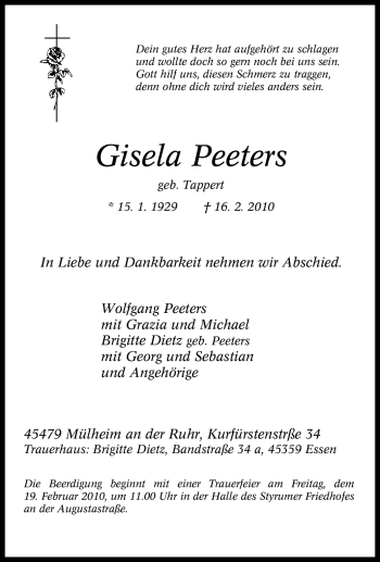 Traueranzeige von Gisela Peeters von Tageszeitung