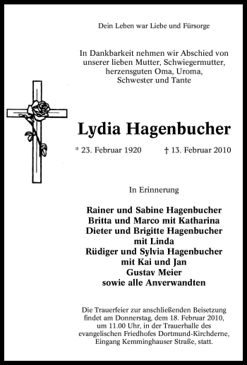 Traueranzeige von Lydia Hagenbucher von Tageszeitung