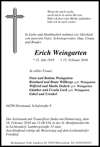 Traueranzeige von Erich Weingarten von Tageszeitung