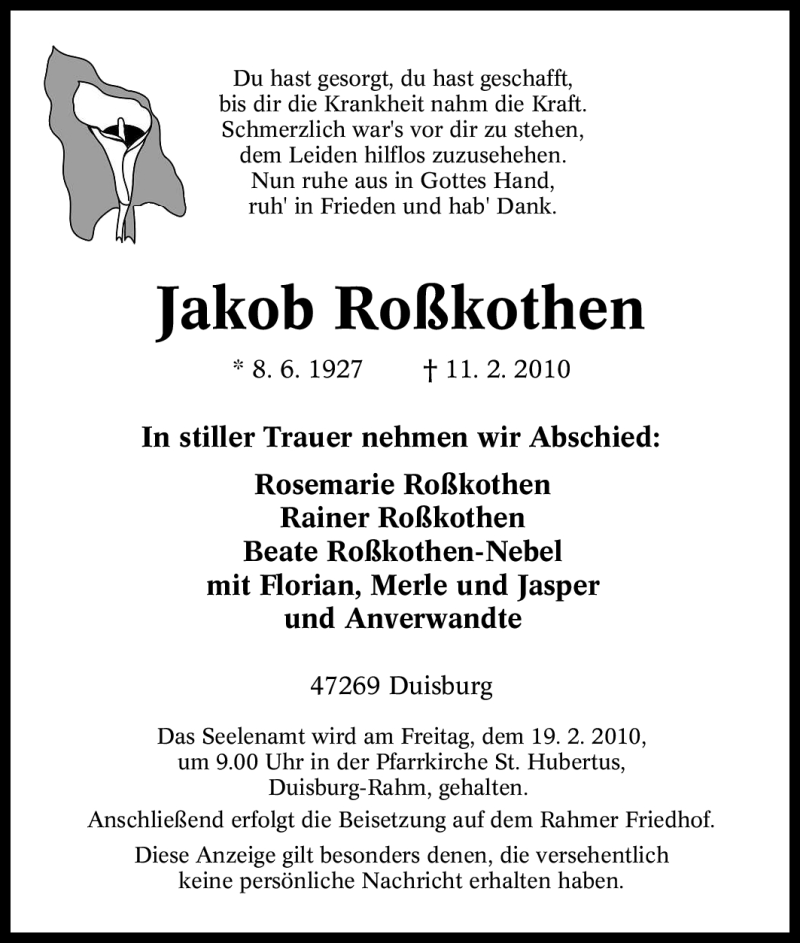  Traueranzeige für Jakob Roßkothen vom 16.02.2010 aus Tageszeitung