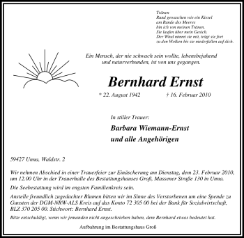 Traueranzeige von Bernhard Ernst von Tageszeitung