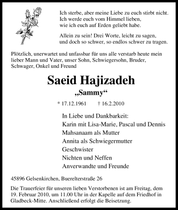 Traueranzeige von Saeid Hajizadeh von Tageszeitung