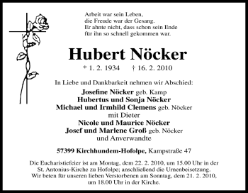 Traueranzeige von Hubert Nöcker von Tageszeitung