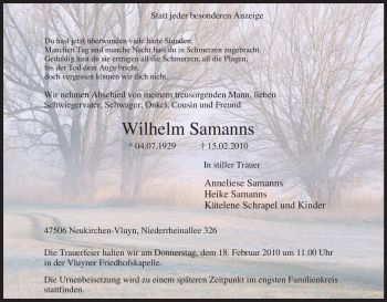 Traueranzeige von Wilhelm Samanns von Tageszeitung