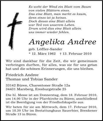 Traueranzeige von Angelika Andree von Tageszeitung