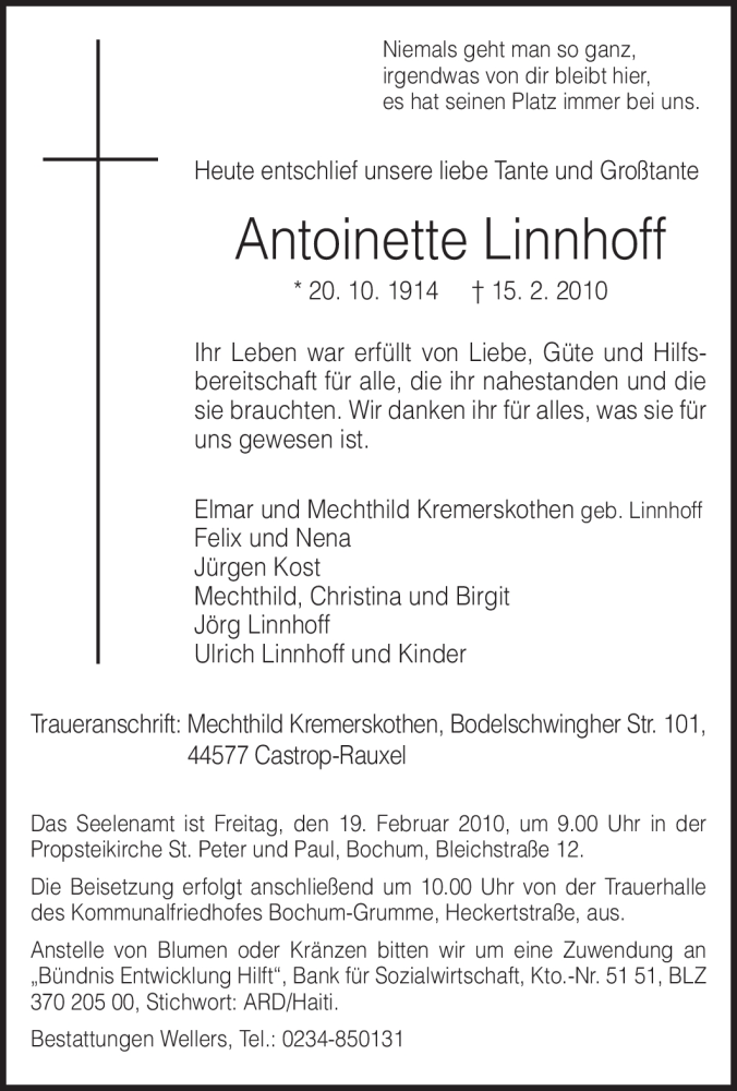  Traueranzeige für Antoinette Linnhoff vom 17.02.2010 aus Tageszeitung