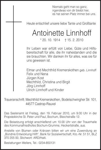Traueranzeige von Antoinette Linnhoff von Tageszeitung