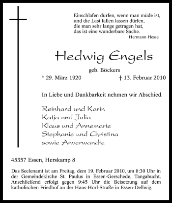 Traueranzeige von Hedwig Engels von Tageszeitung