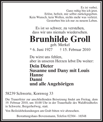Traueranzeige von Brunhilde Groll von Tageszeitung