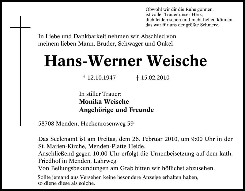  Traueranzeige für Hans-Werner Weische vom 18.02.2010 aus Tageszeitung