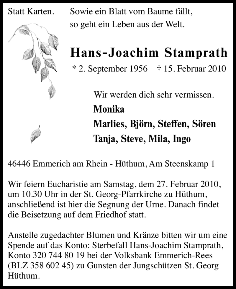  Traueranzeige für Hans-Joachim Stamprath vom 20.02.2010 aus Tageszeitung