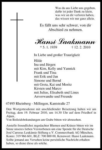 Traueranzeige von Hansi Laakmann von Tageszeitung