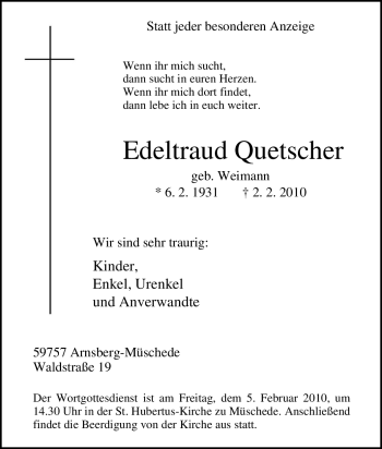 Traueranzeige von Edeltraud Quetscher von Tageszeitung
