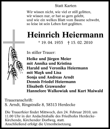 Traueranzeige von Heinrich Heiermann von Tageszeitung