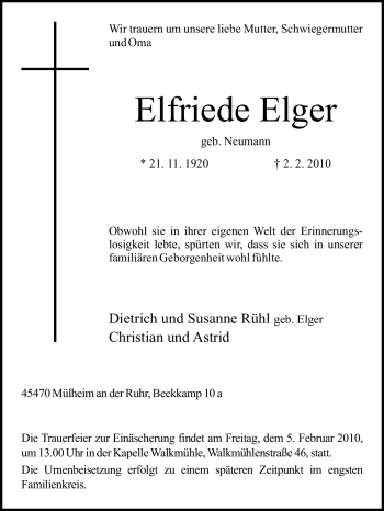 Traueranzeige von Elfriede Elger von Tageszeitung