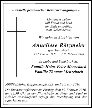 Traueranzeige von Anneliese Rötzmeier von Tageszeitung