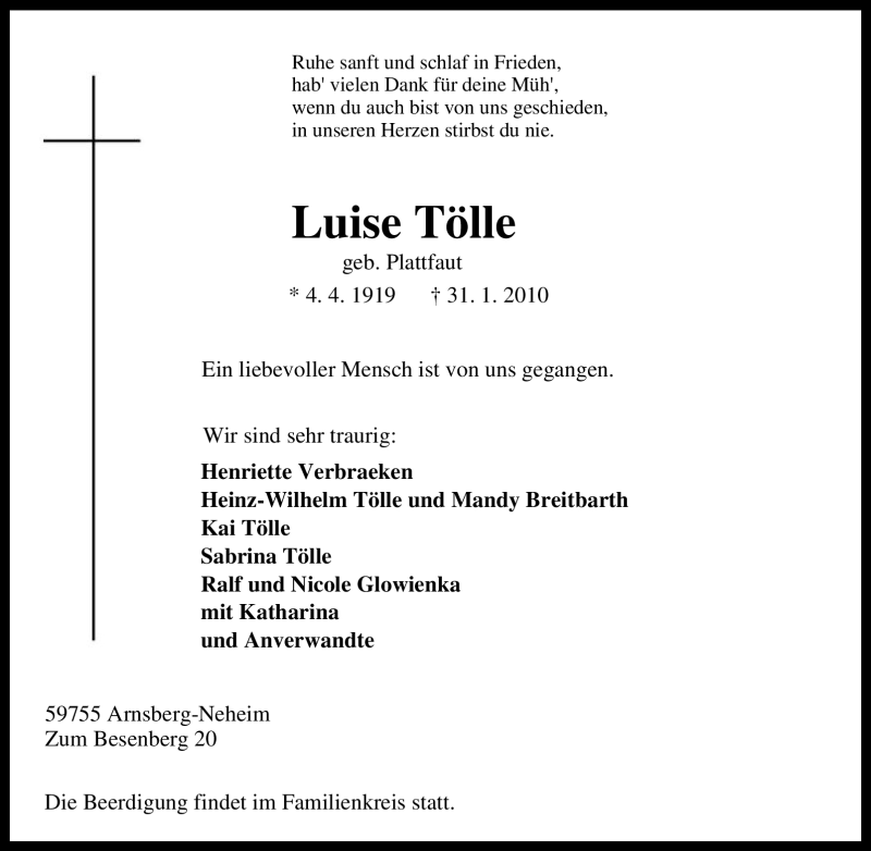  Traueranzeige für Luise Tölle vom 01.02.2010 aus Tageszeitung