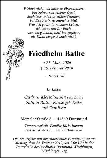 Traueranzeige von Friedhelm Bathe von Tageszeitung