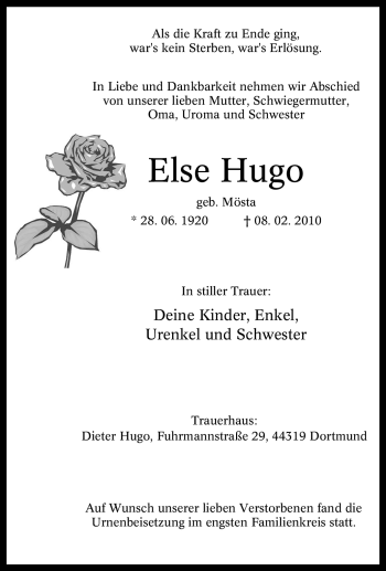 Traueranzeige von Else Hugo von Tageszeitung