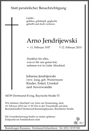 Traueranzeige von Arno Jendrijewski von Tageszeitung
