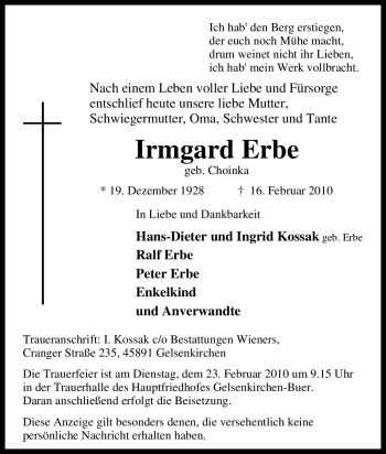 Traueranzeige von Irmgard Erbe von Tageszeitung