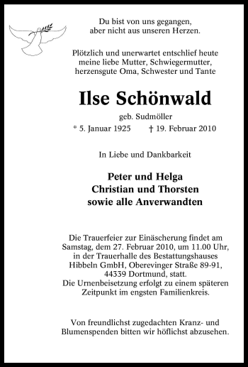Traueranzeige von Ilse Schönwald von Tageszeitung