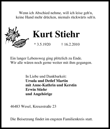 Traueranzeige von Kurt Stiehr von Tageszeitung