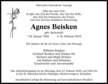 Traueranzeige von Agnes Beisken von Tageszeitung